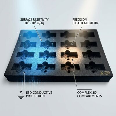 Insert en mousse conductrice ESD noir découpé à l'emporte-pièce, coussin d'emballage intérieur en mousse EVA antistatique pour expédition de cartes PCB IC