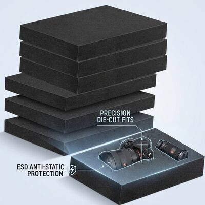 Insert en mousse conductrice ESD noir découpé à l'emporte-pièce, coussin d'emballage intérieur en mousse EVA antistatique pour expédition de cartes PCB IC