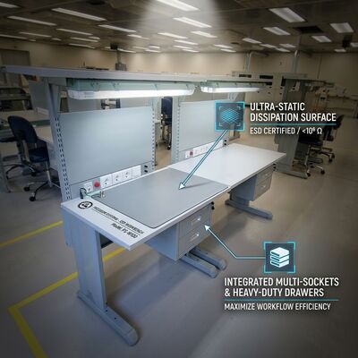 Établi modulaire ESD, table de travail antistatique pour assemblage avec tiroir, étagère, prise de courant et kit de mise à la terre