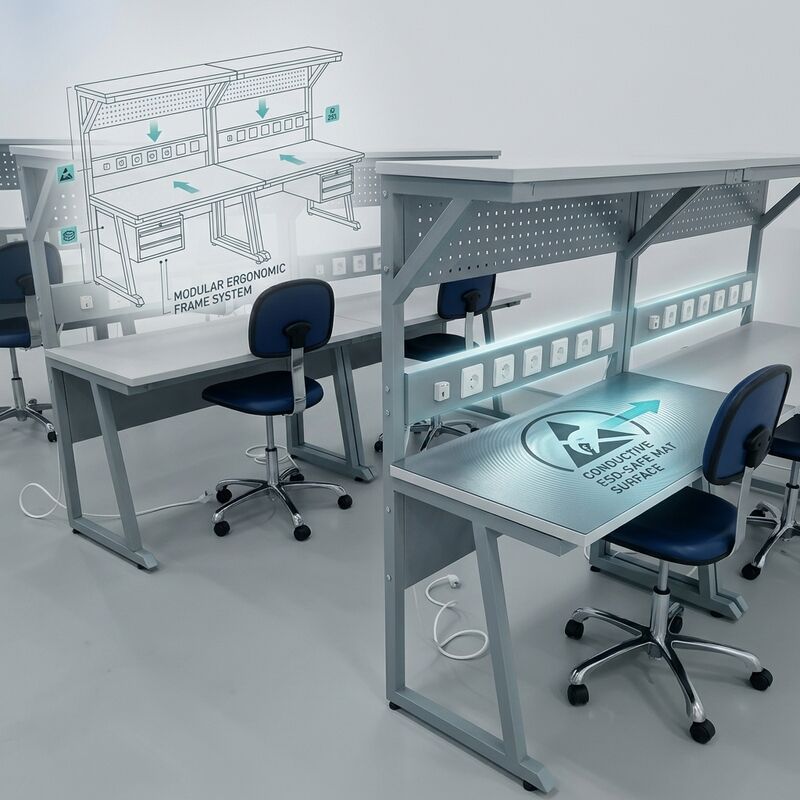 Établi modulaire ESD, table de travail antistatique pour assemblage avec tiroir, étagère, prise de courant et kit de mise à la terre